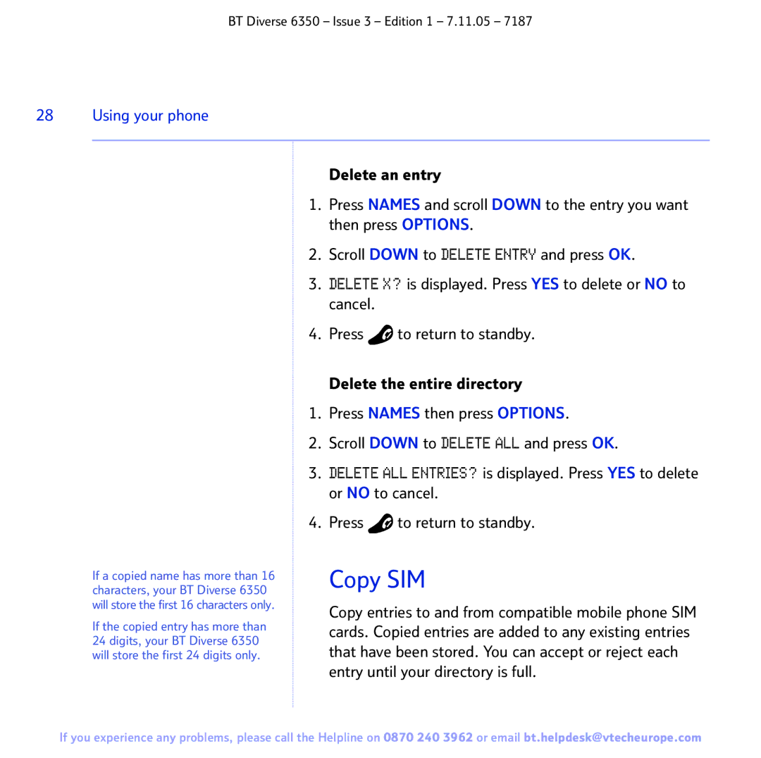 BT 6350 manual Copy SIM, Delete an entry 