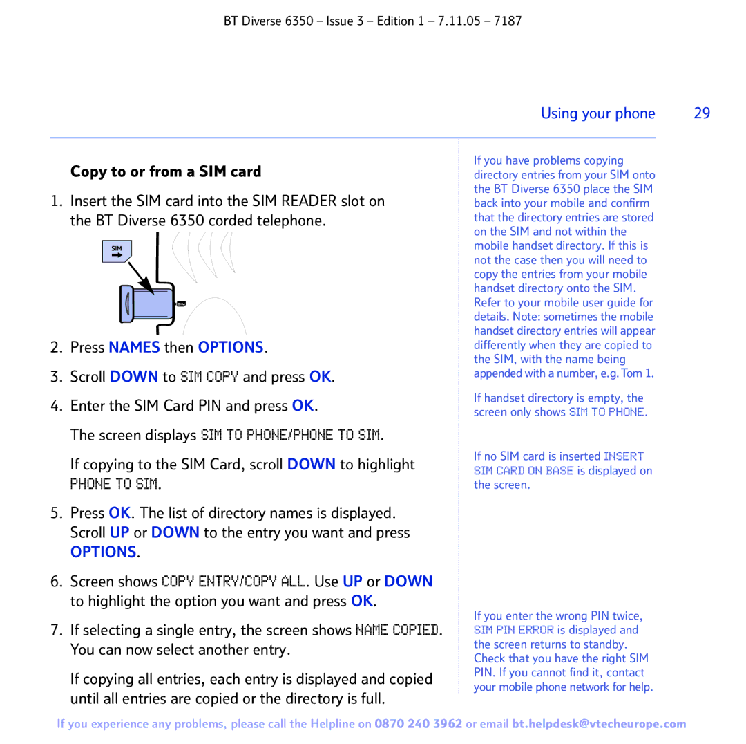 BT 6350 manual If copying to the SIM Card, scroll Down to highlight, You can now select another entry 