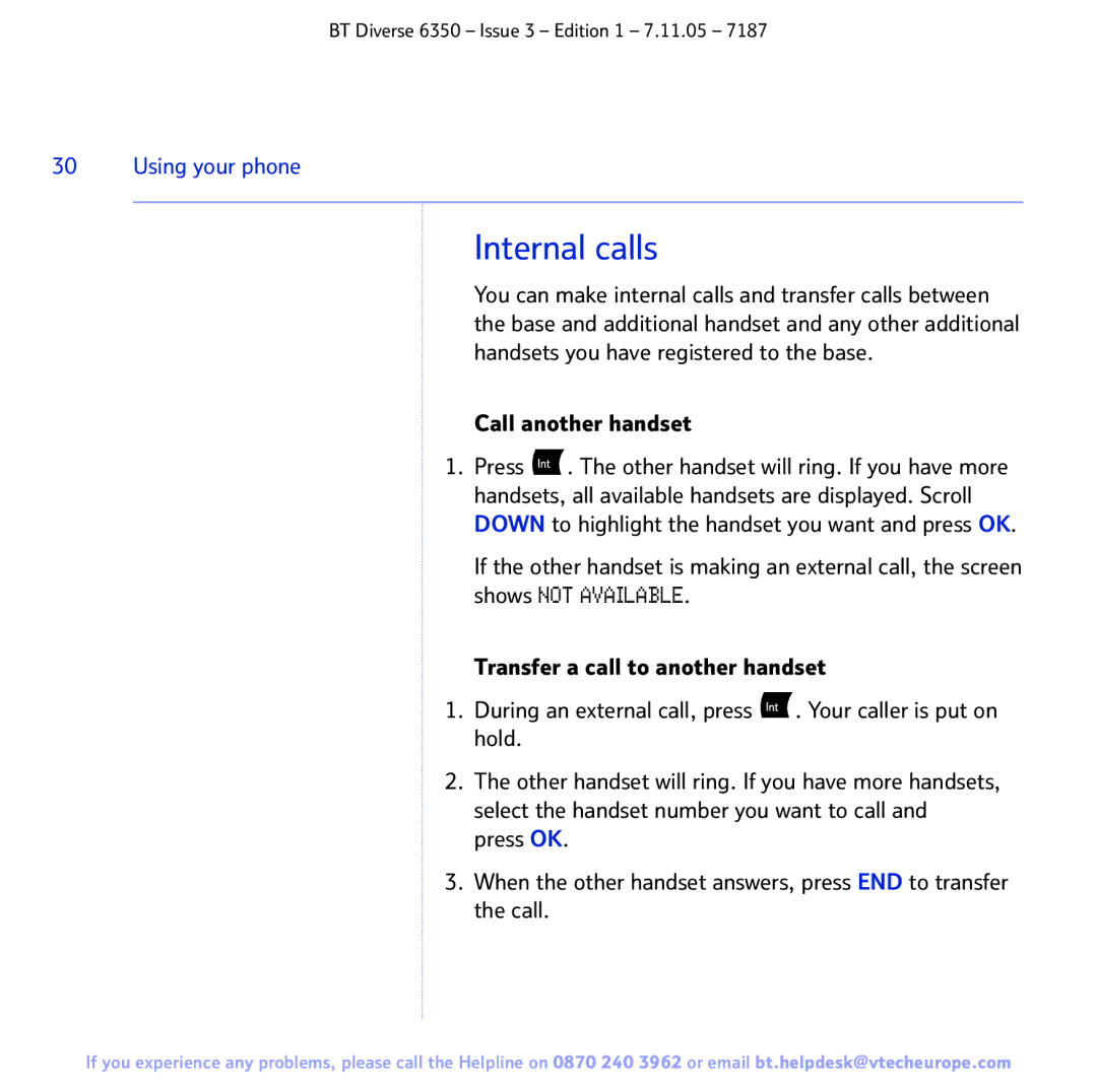 BT 6350 manual Internal calls, Call another handset 