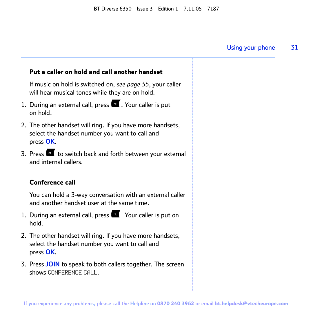 BT 6350 manual Put a caller on hold and call another handset 