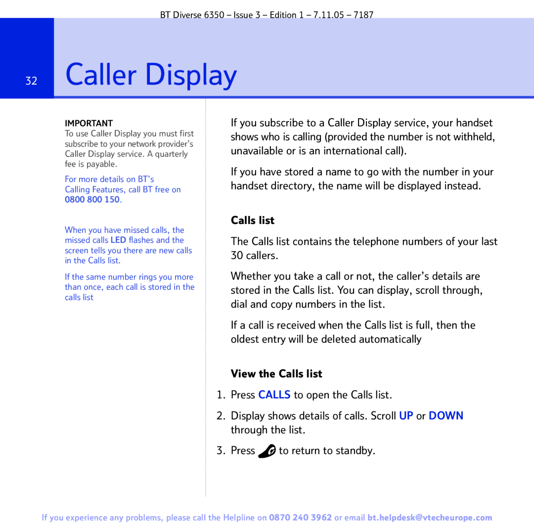 BT 6350 manual Caller Display 