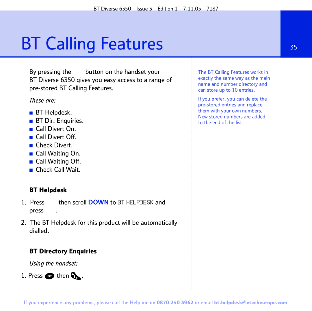 BT 6350 manual BT Calling Features, Press then 