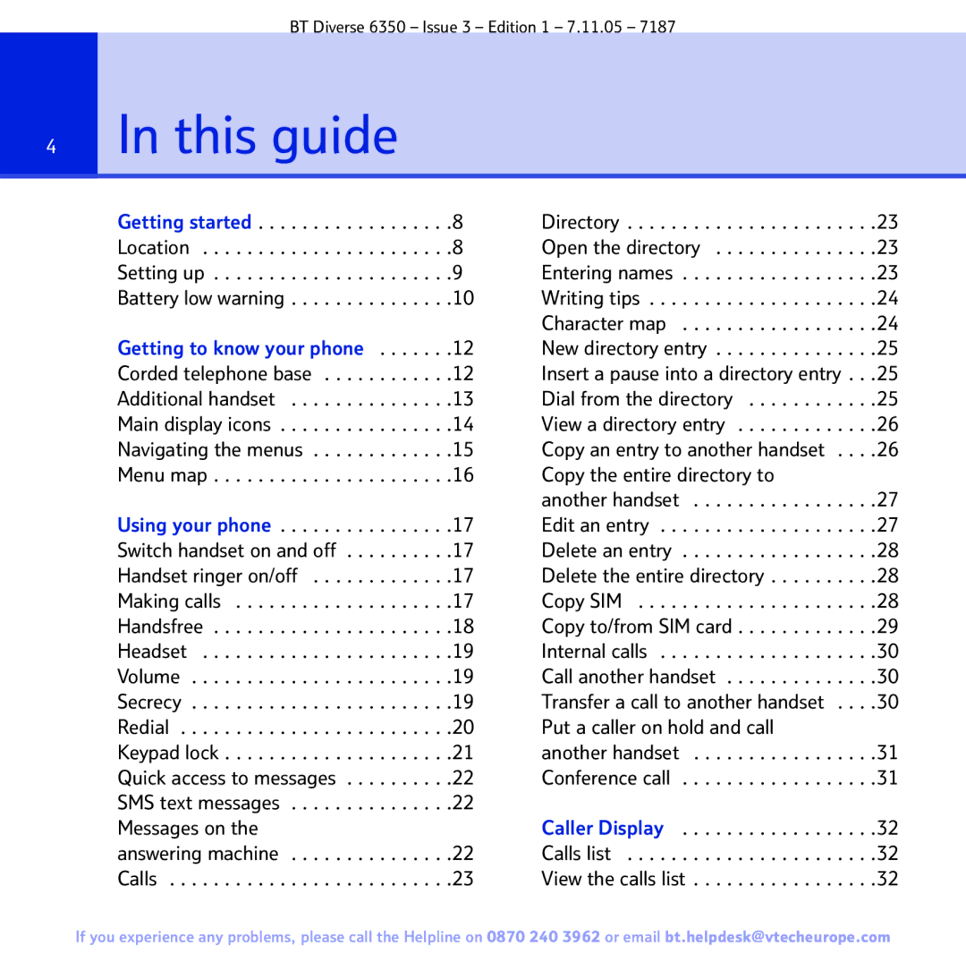 BT 6350 manual This guide, Answering machine . . . . . . . . . . . . . . .22 Calls 