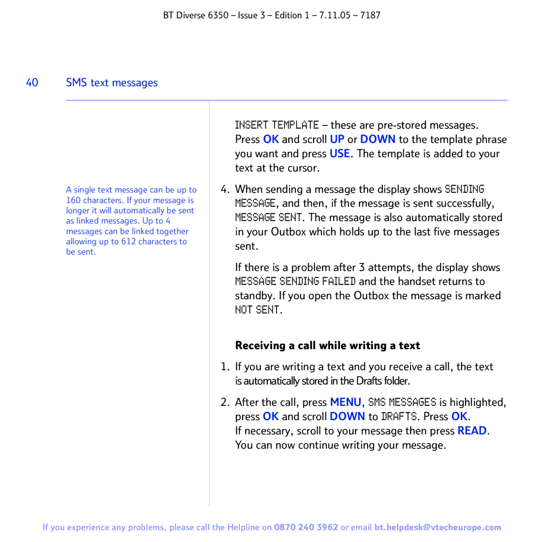 BT 6350 manual Not Sent, SMS text messages 