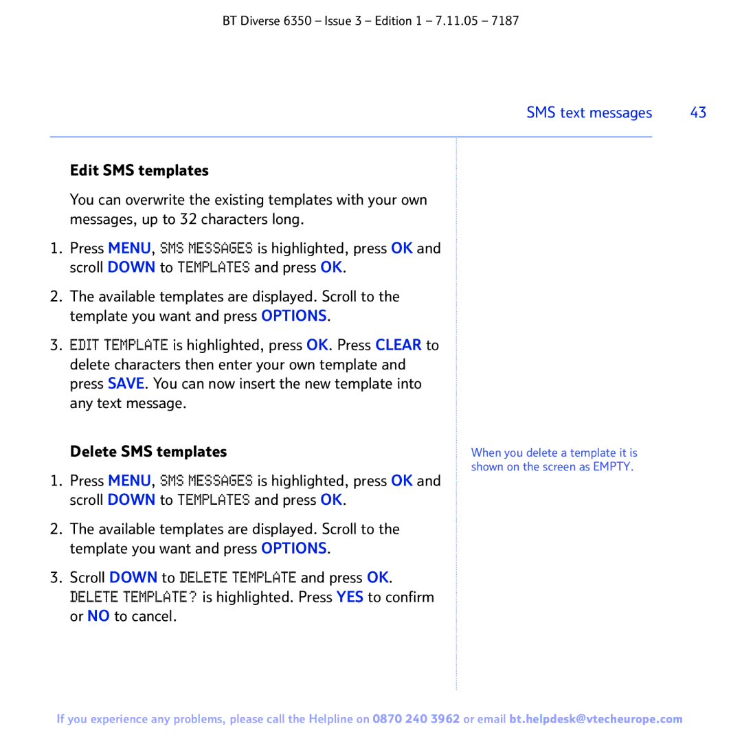 BT 6350 manual SMS text messages 