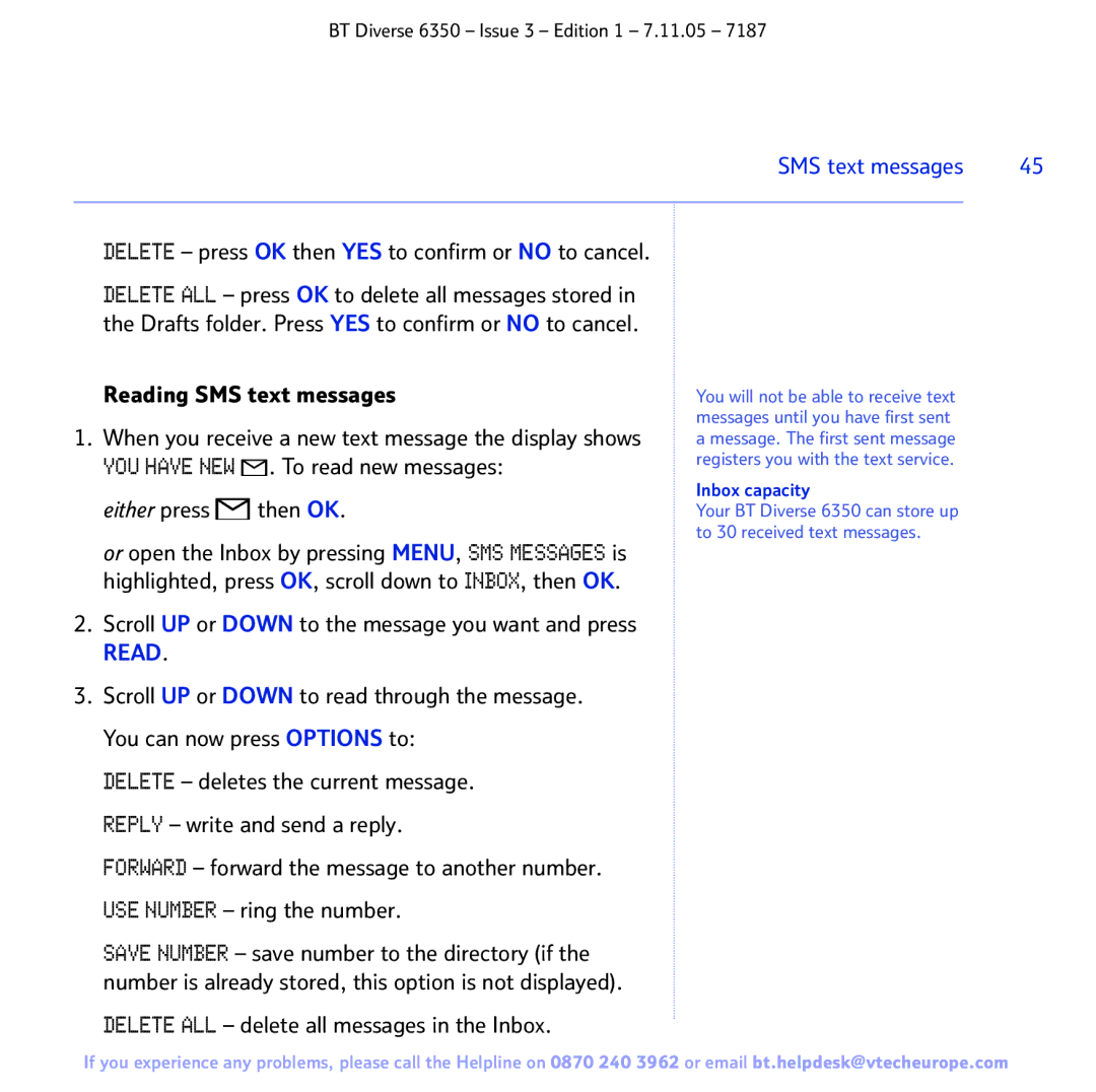 BT 6350 manual YOU have NEW . To read new messages, Either press then OK, Delete ALL delete all messages in the Inbox 