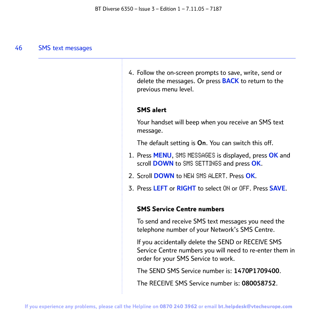 BT 6350 manual SMS text messages 