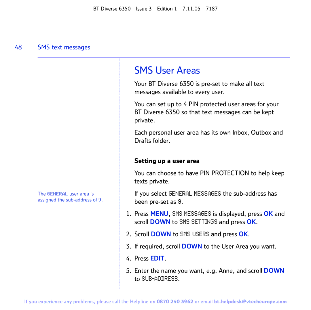 BT 6350 manual SMS User Areas 