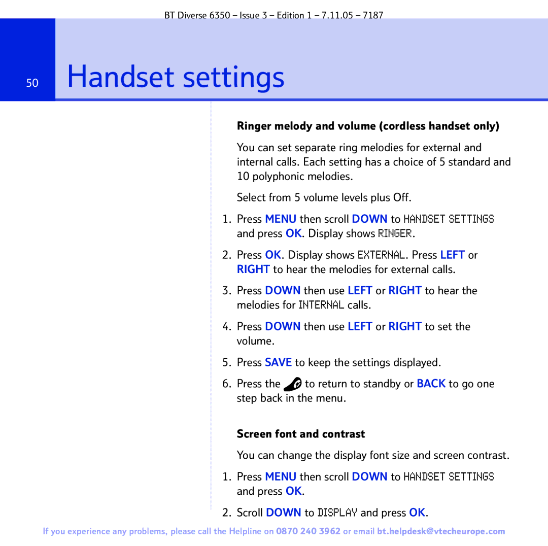 BT 6350 manual Handset settings 