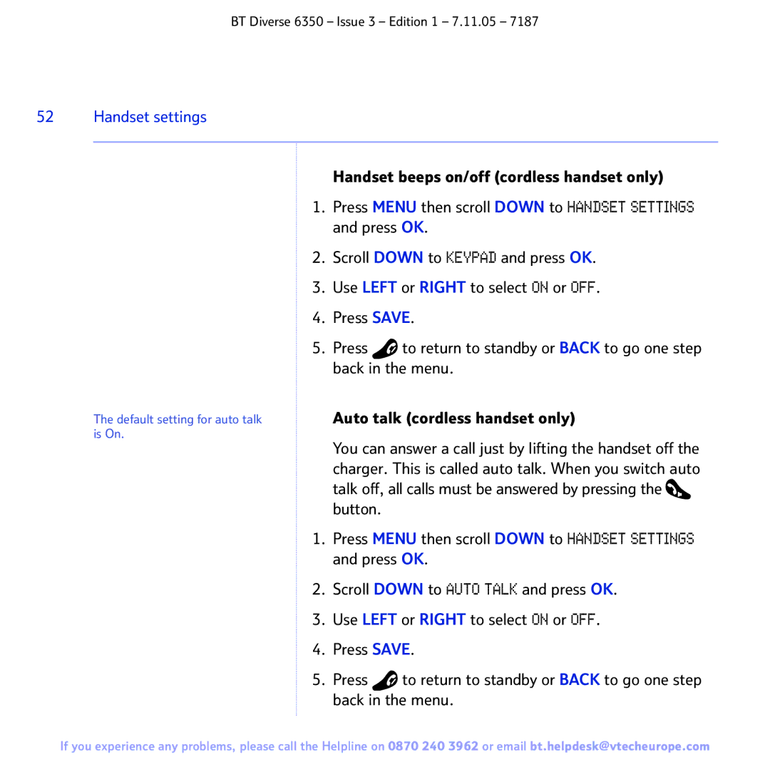 BT 6350 manual Handset settings 