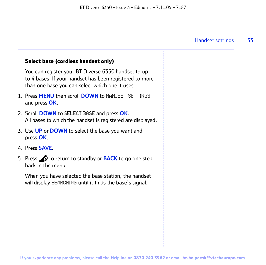 BT 6350 manual Select base cordless handset only 
