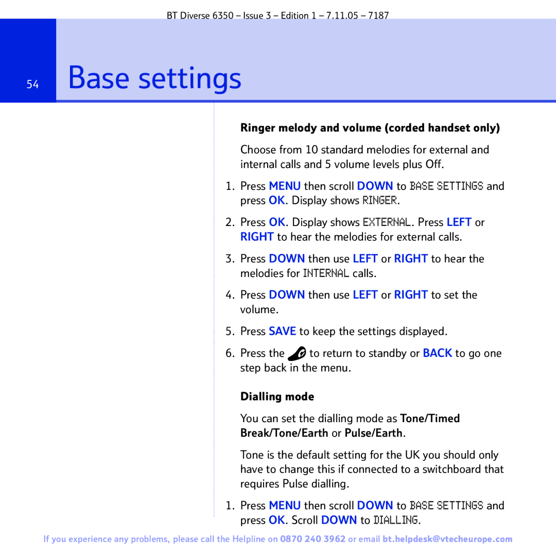 BT 6350 manual Base settings, Ringer melody and volume corded handset only 