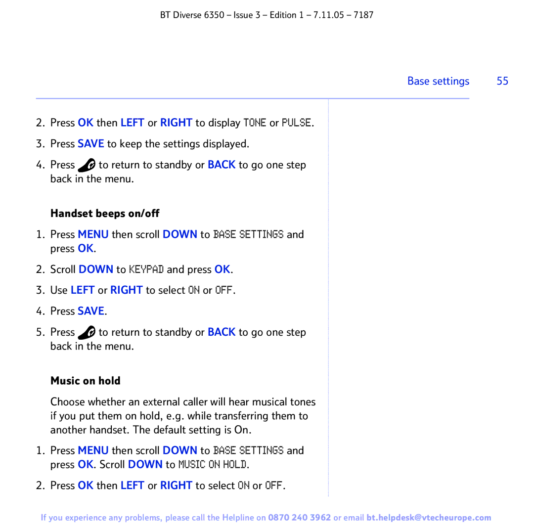 BT 6350 manual Press OK then Left or Right to select on or OFF 