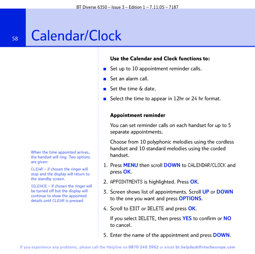 BT 6350 manual Calendar/Clock 