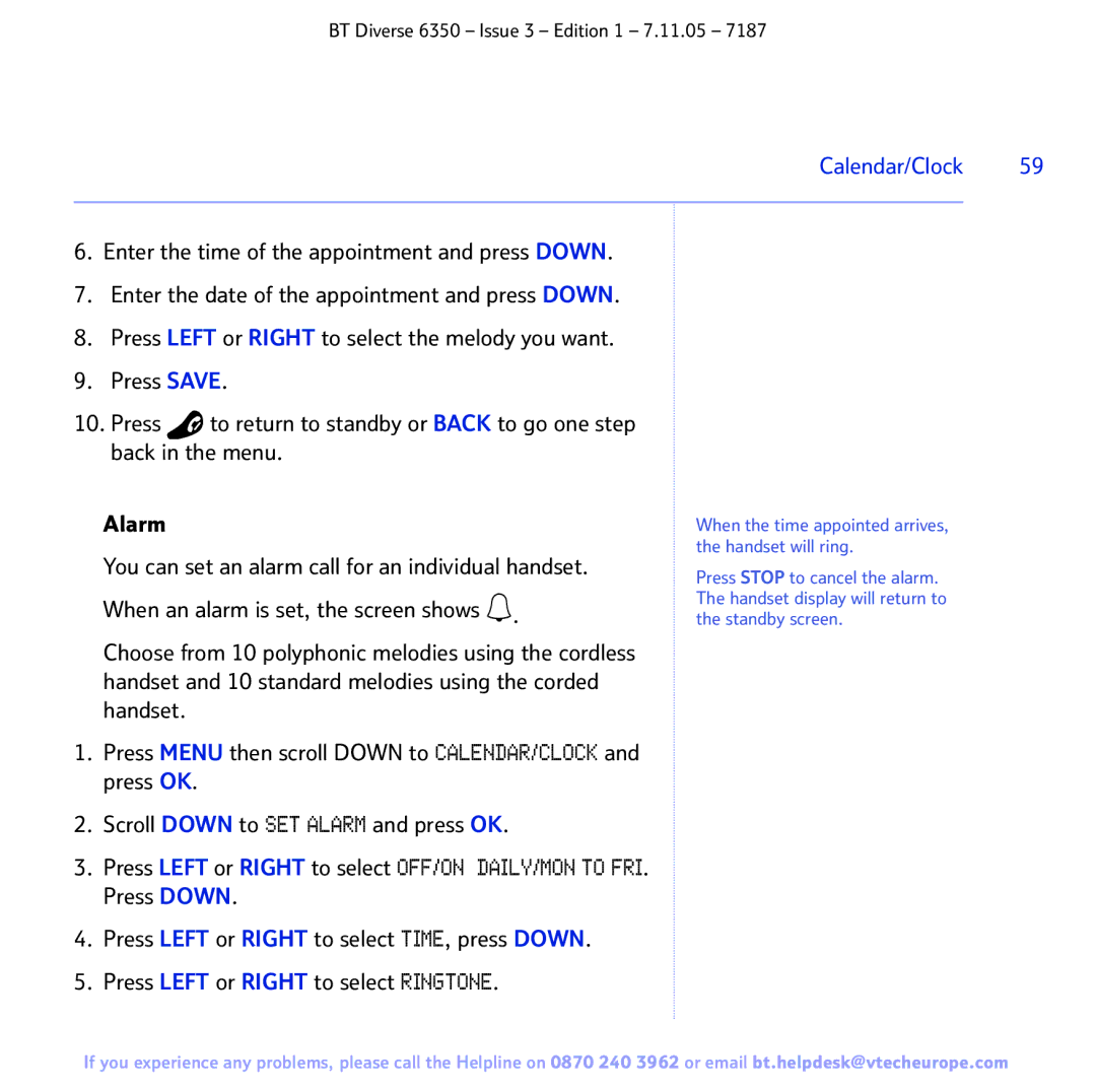 BT 6350 manual Calendar/Clock, Alarm 