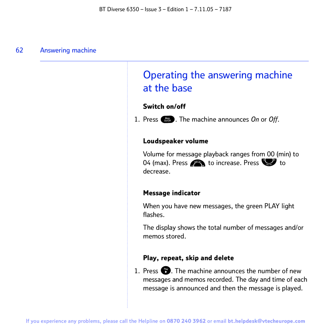 BT 6350 manual Operating the answering machine at the base, Answering machine 