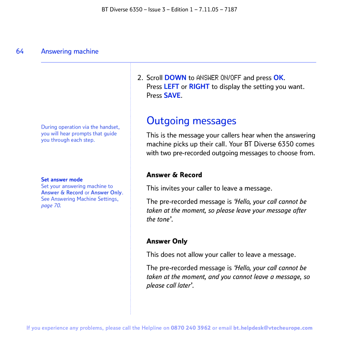 BT 6350 manual Outgoing messages 