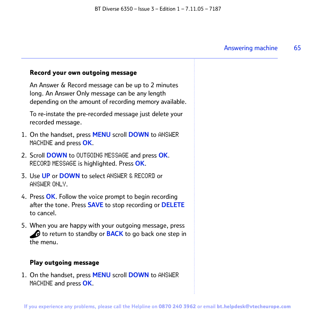 BT 6350 manual Record your own outgoing message, Use UP or Down to select Answer & Record or 