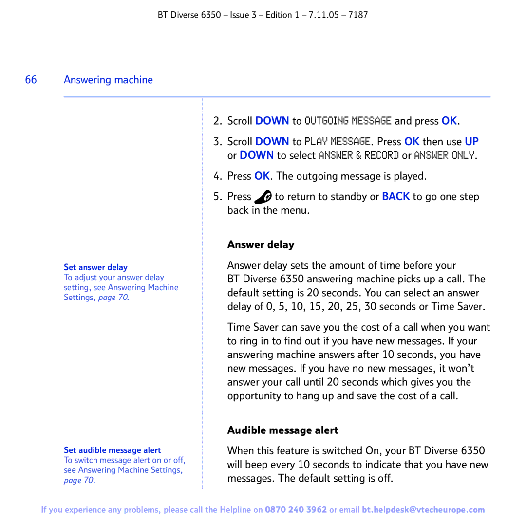 BT 6350 manual Scroll Down to Outgoing Message and press OK, Answer delay sets the amount of time before your 