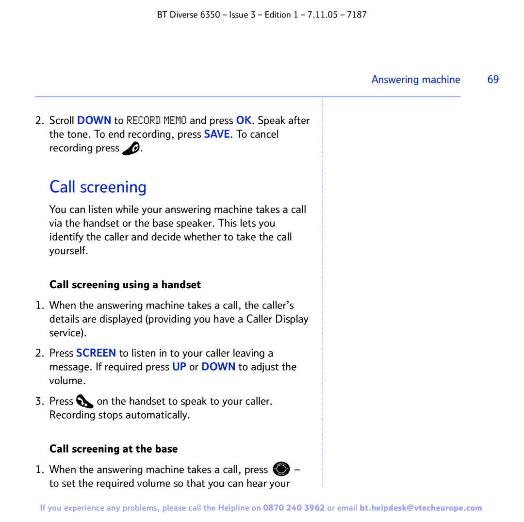 BT 6350 manual Call screening 