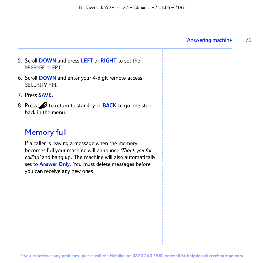 BT 6350 manual Memory full, Scroll Down and enter your 4-digit remote access 