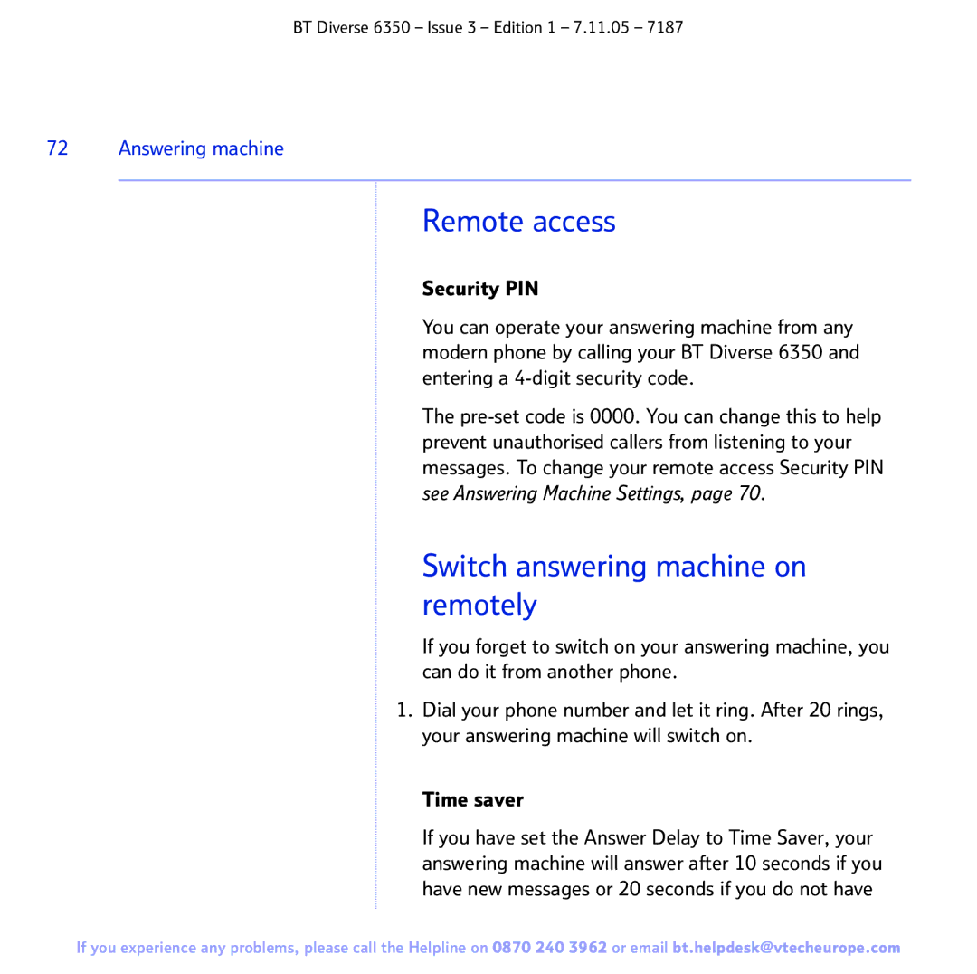 BT 6350 manual Remote access, Switch answering machine on remotely, Security PIN 