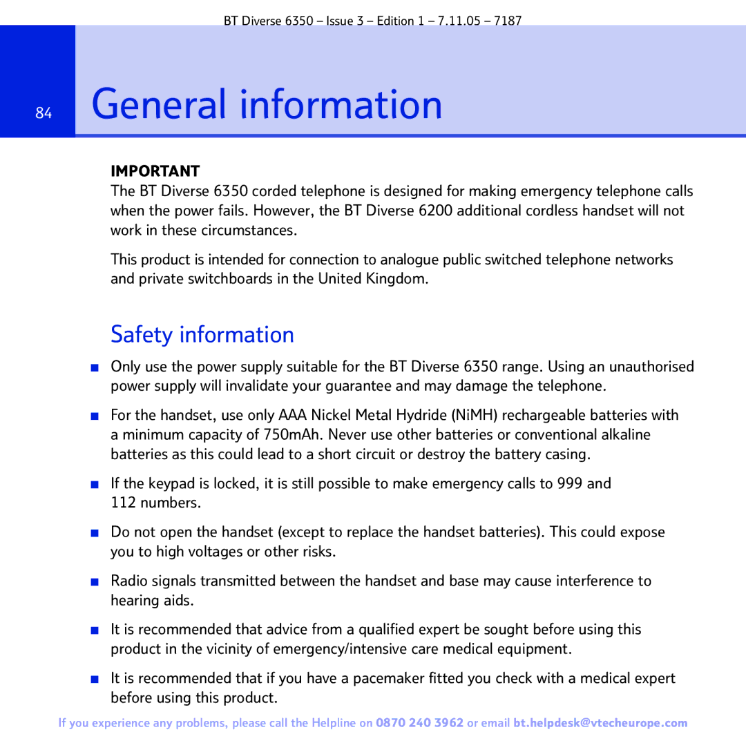 BT 6350 manual General information, Safety information 