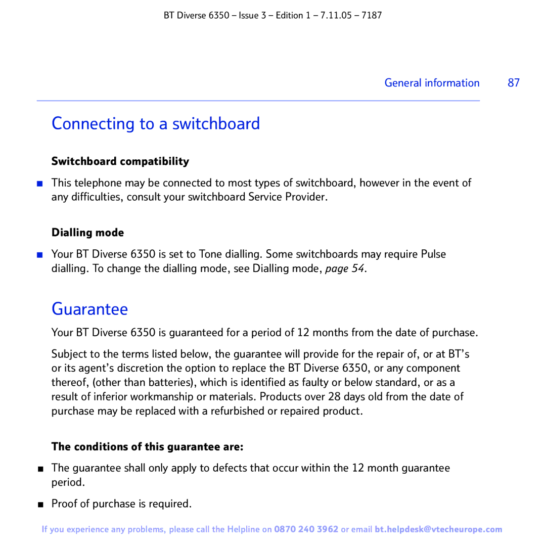 BT 6350 manual Connecting to a switchboard, Guarantee 