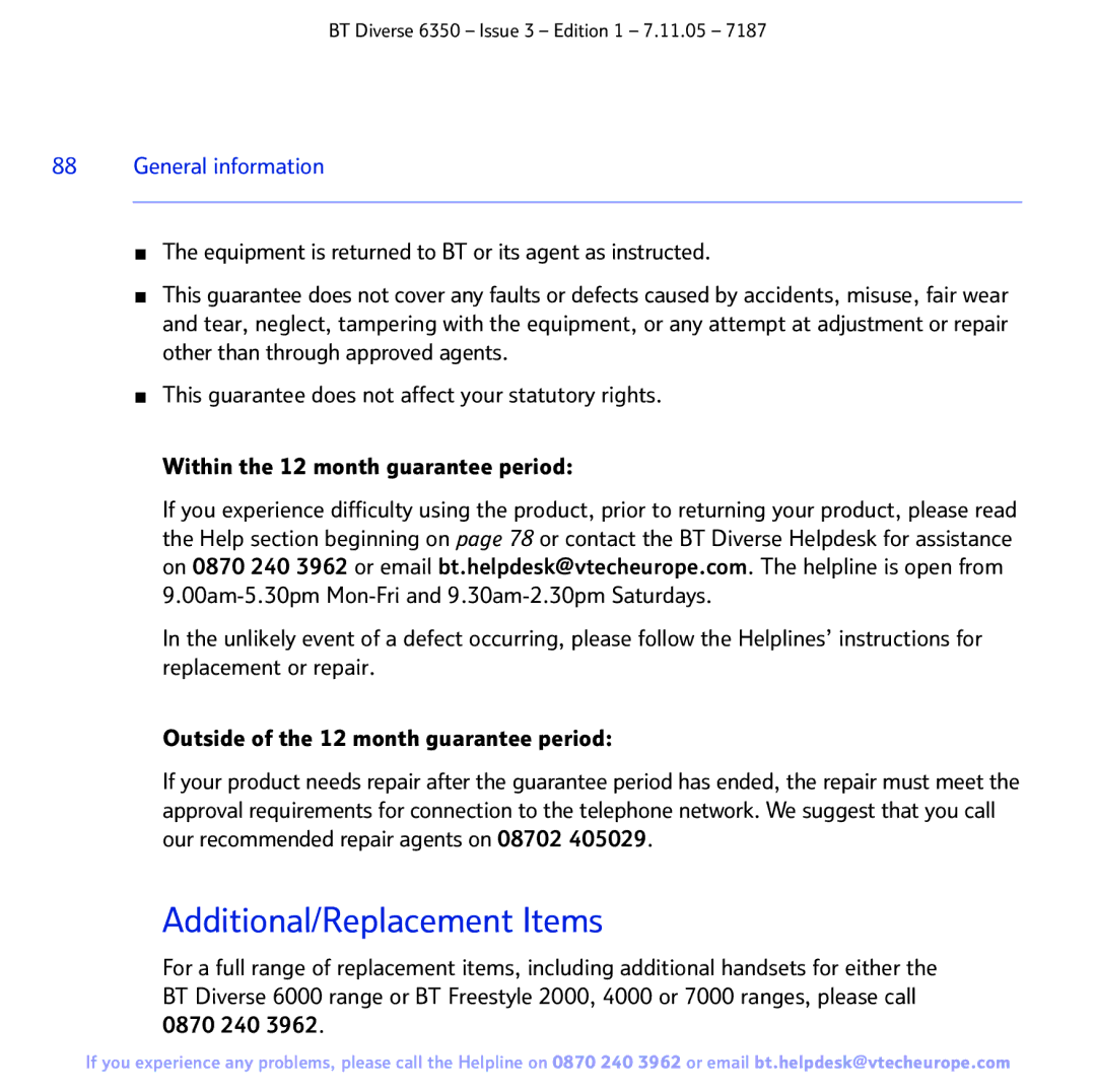 BT 6350 manual Additional/Replacement Items 