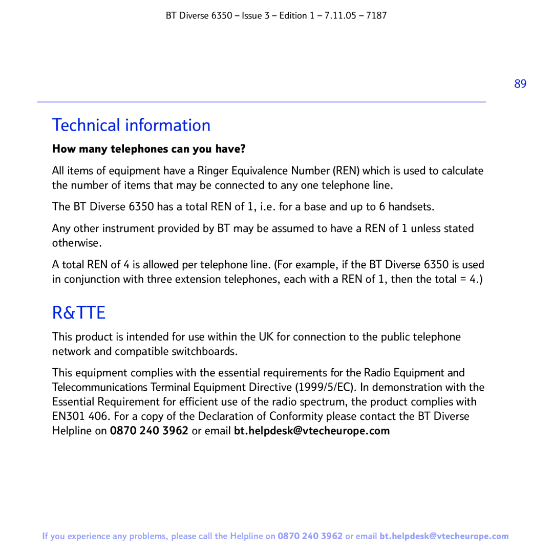 BT 6350 manual Technical information, Tte 