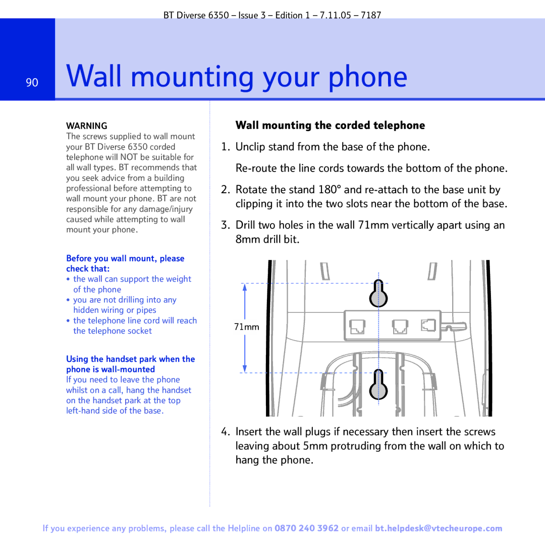 BT 6350 manual Wall mounting your phone, Telephone line cord will reach the telephone socket 