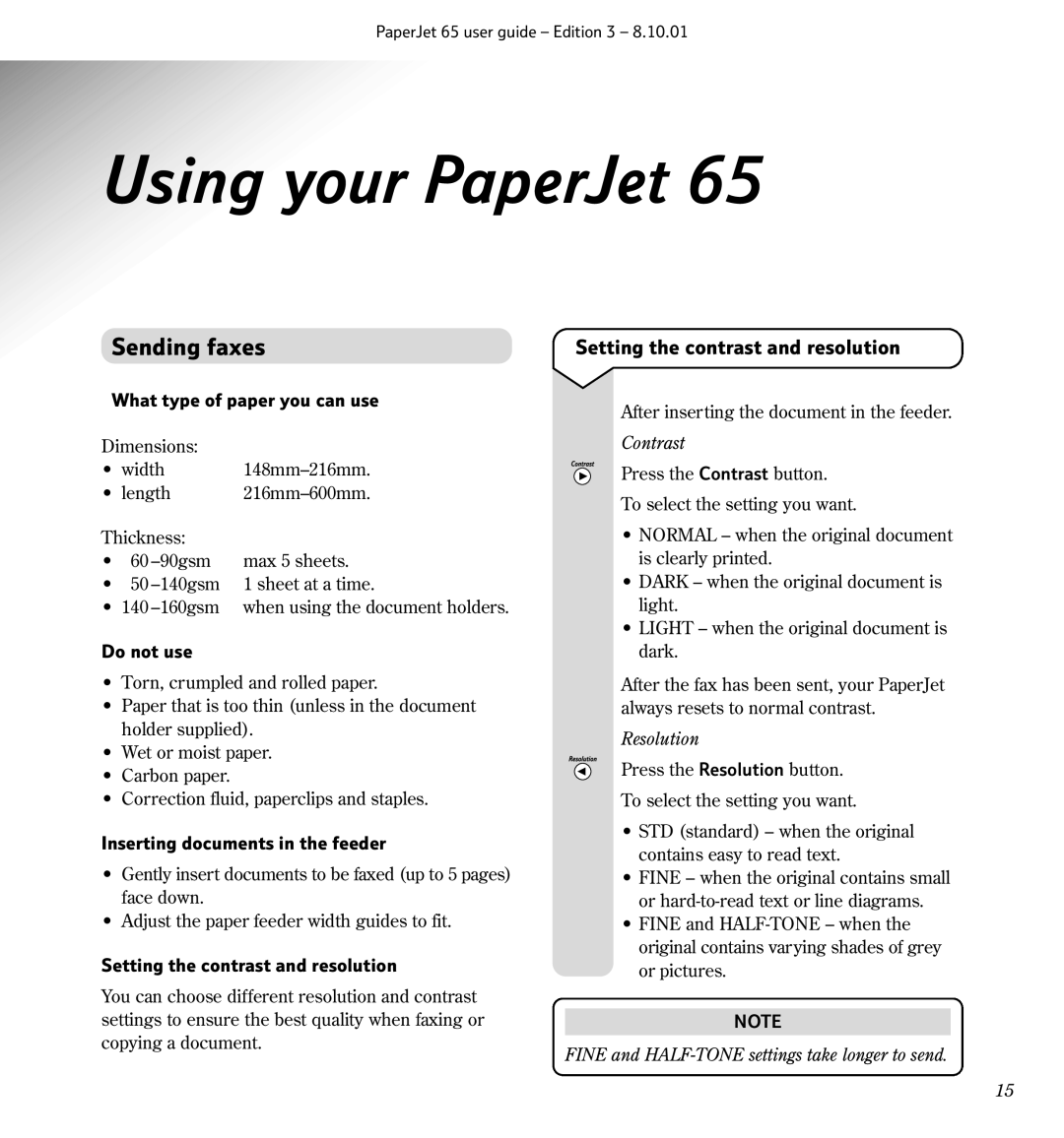 BT Colour Printer, 65 manual Using your PaperJet, Sending faxes, Setting the contrast and resolution 