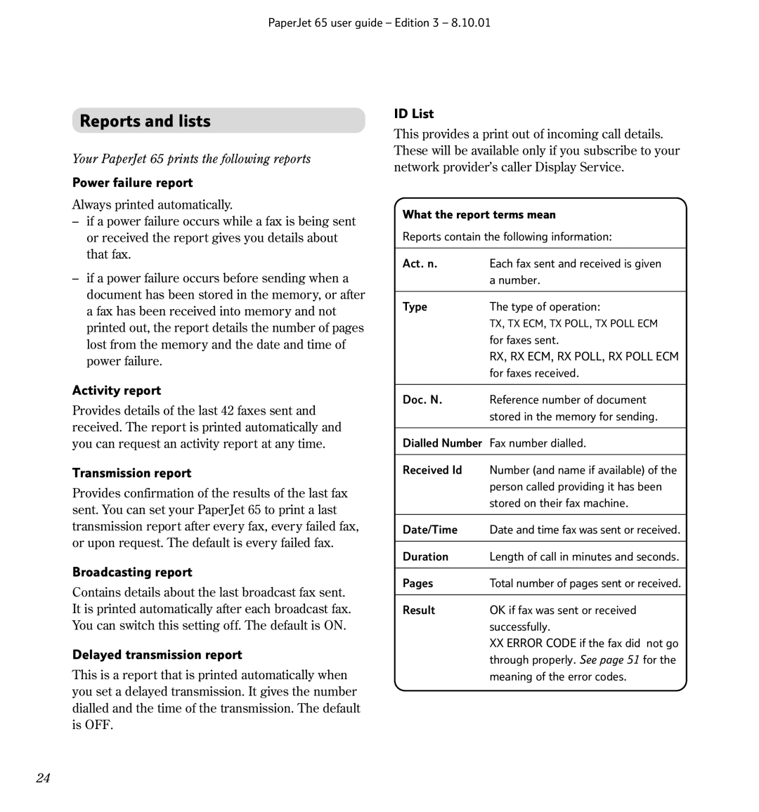 BT 65, Colour Printer manual Reports and lists 