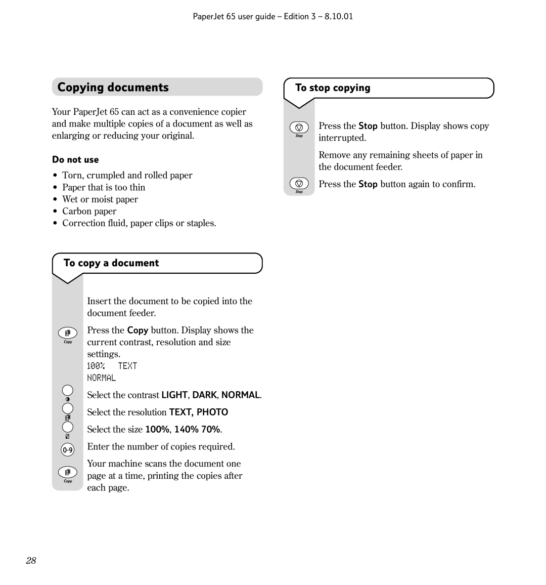 BT 65, Colour Printer manual Copying documents, To stop copying, To copy a document, 100% Text Normal 