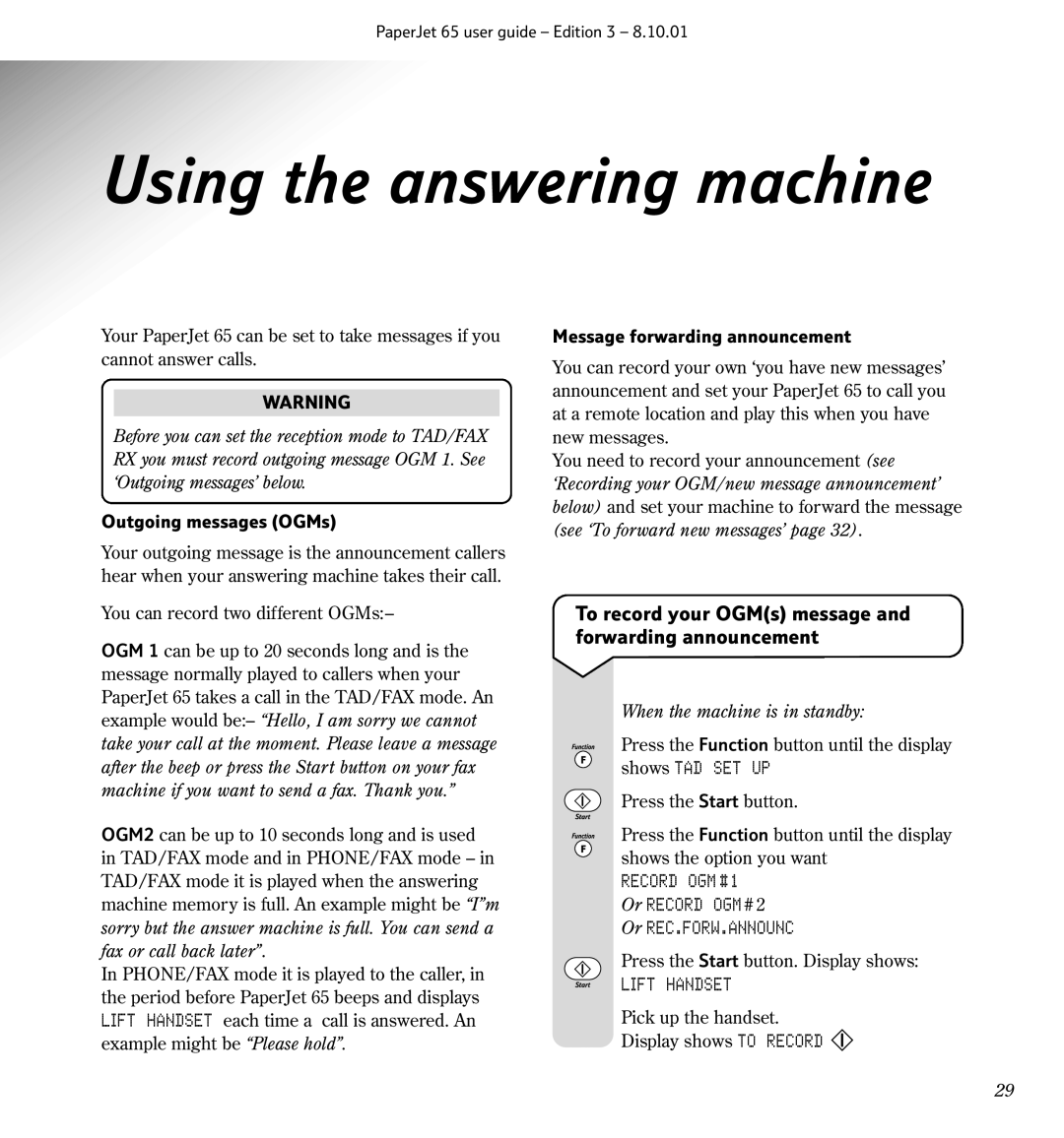 BT Colour Printer, 65 Using the answering machine, To record your OGMs message and forwarding announcement, Record OGM # 