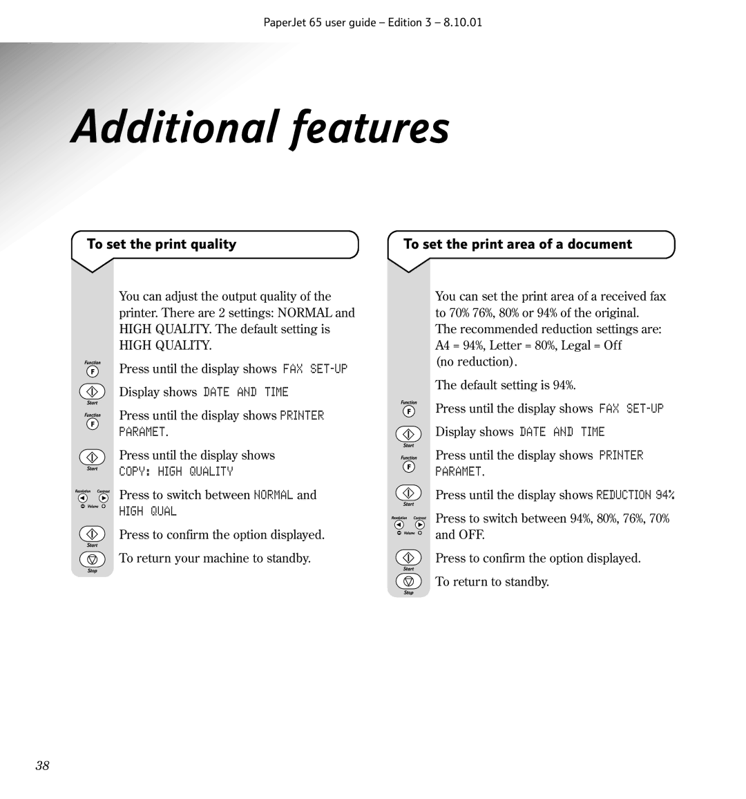 BT 65 manual Additional features, To set the print quality, Copy High Quality, To set the print area of a document 