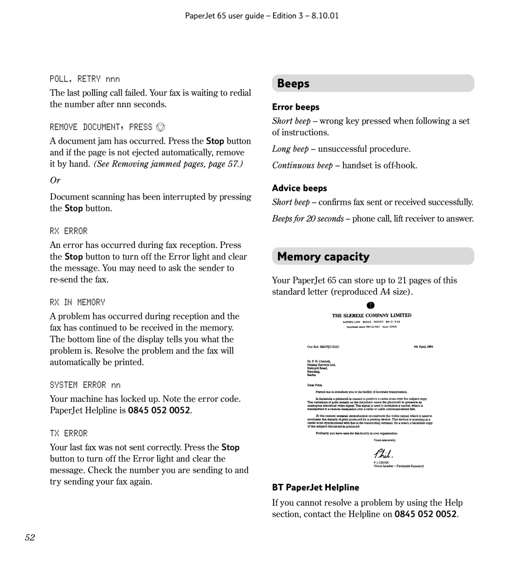 BT 65, Colour Printer manual Beeps, Memory capacity 