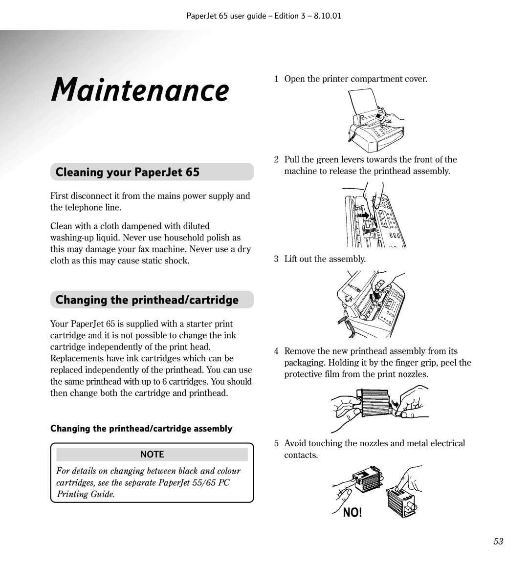 BT Colour Printer, 65 manual Maintenance, Cleaning your PaperJet, Changing the printhead/cartridge 