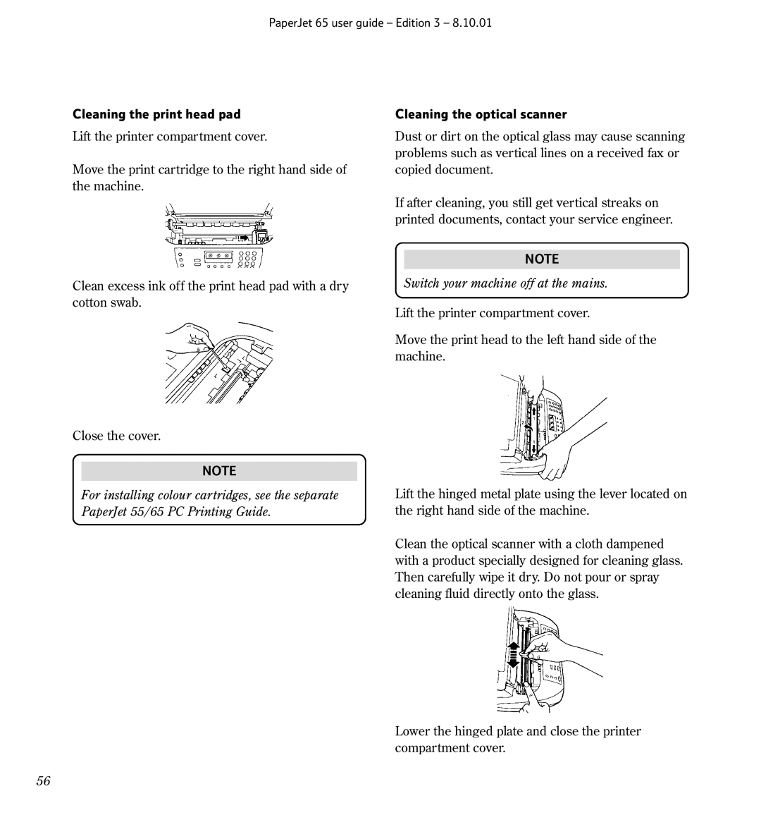 BT 65, Colour Printer manual Cleaning the print head pad, Cleaning the optical scanner 