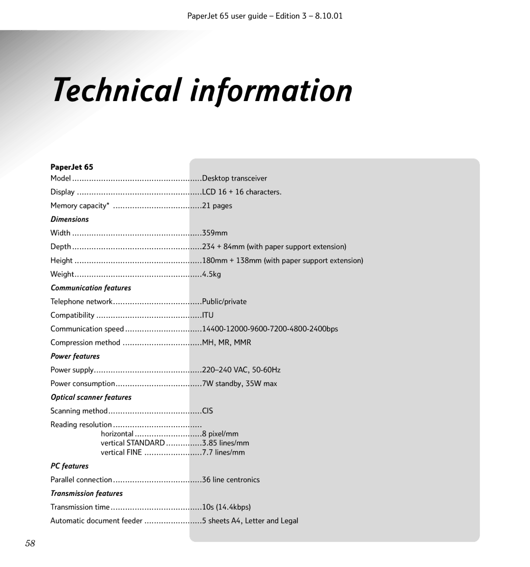 BT 65, Colour Printer manual Technical information, Dimensions 