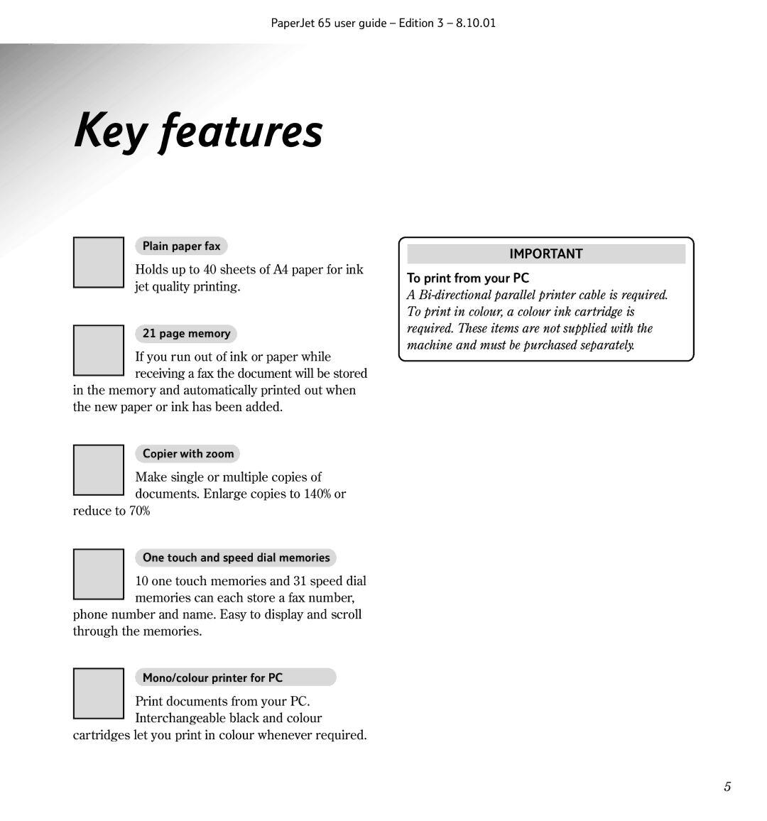 BT Colour Printer, 65 manual Key features, To print from your PC 