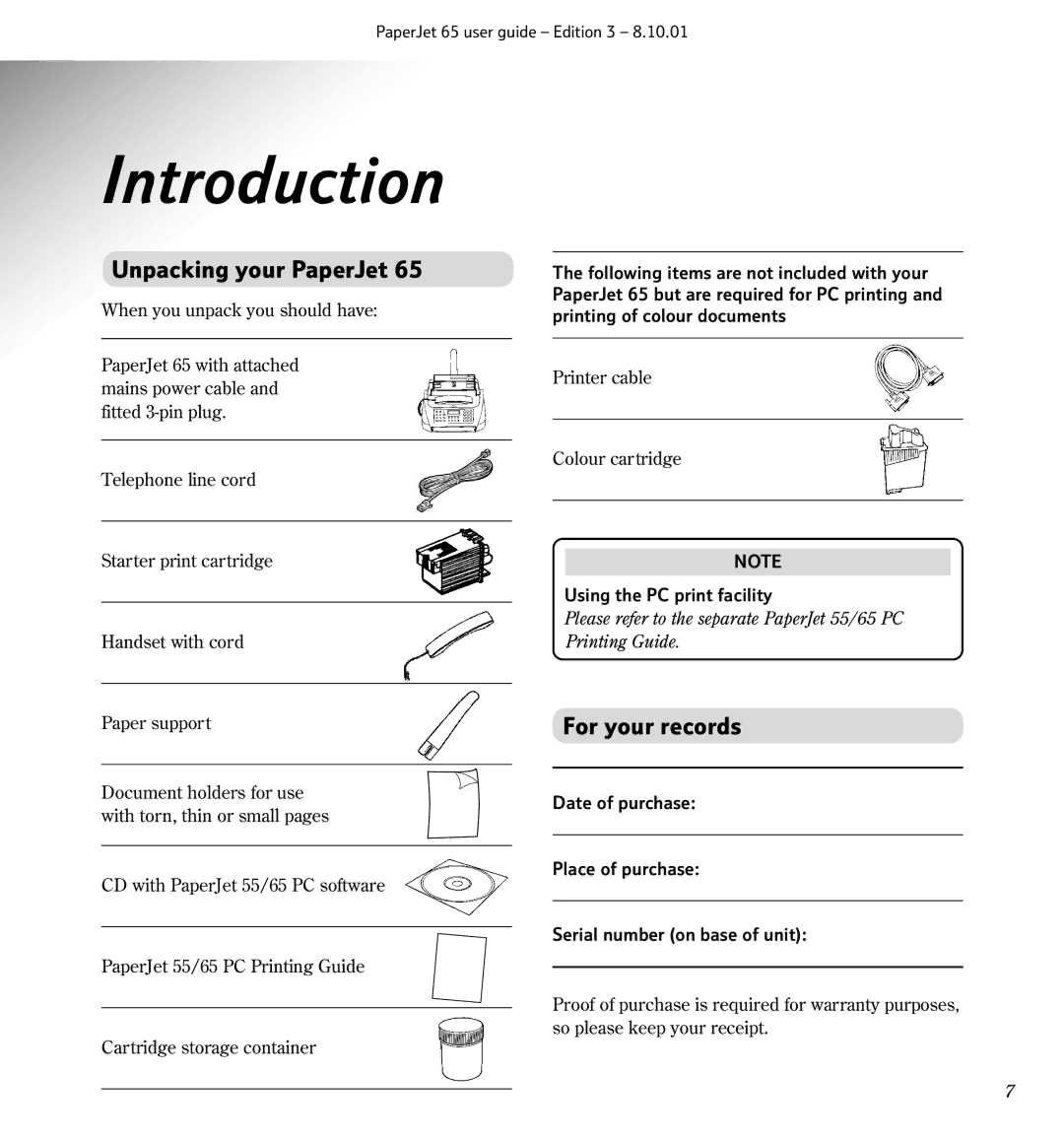 BT Colour Printer, 65 manual Introduction, Unpacking your PaperJet, For your records, Using the PC print facility 