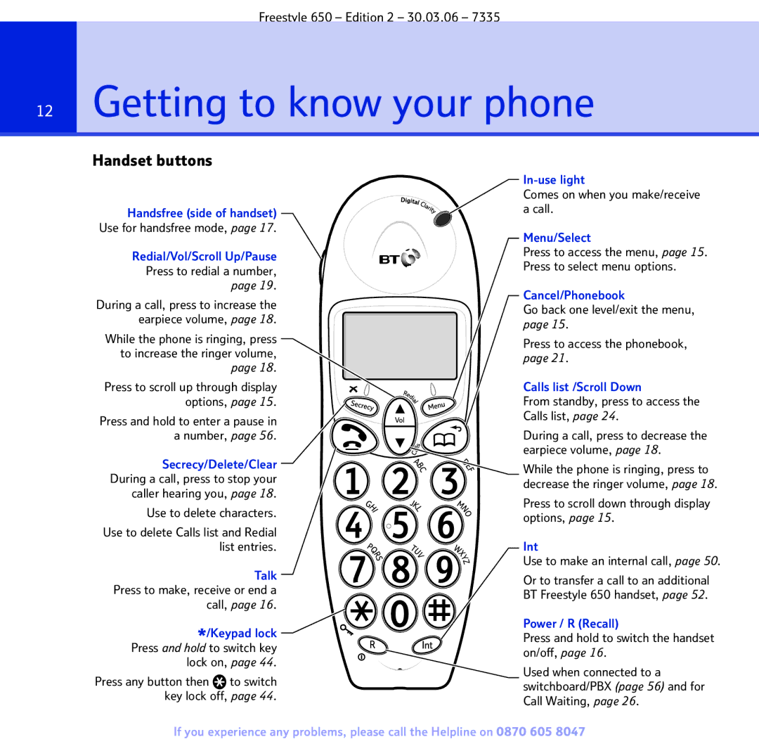 BT 650 manual Getting to know your phone, Handset buttons 