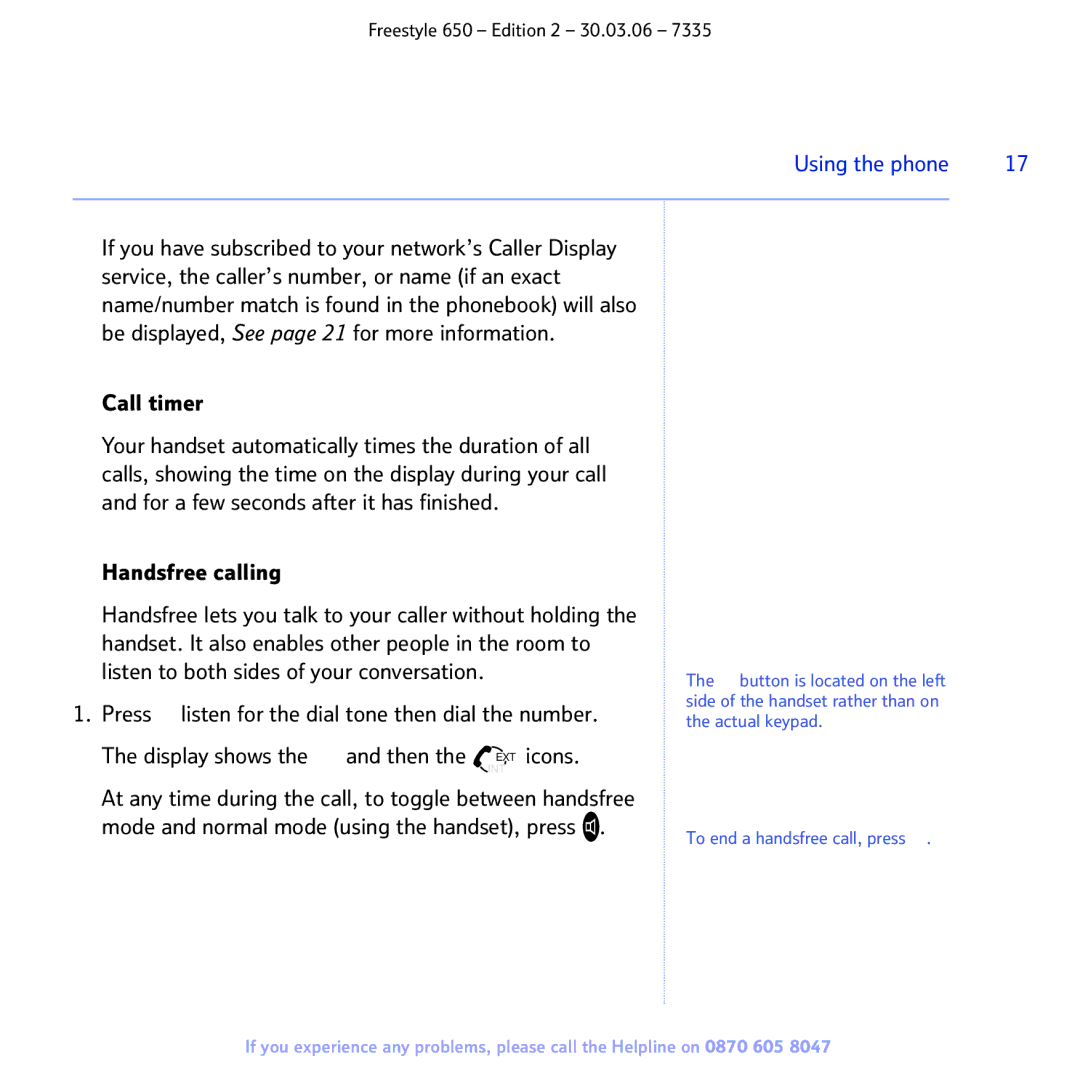 BT 650 manual Call timer, Handsfree calling 
