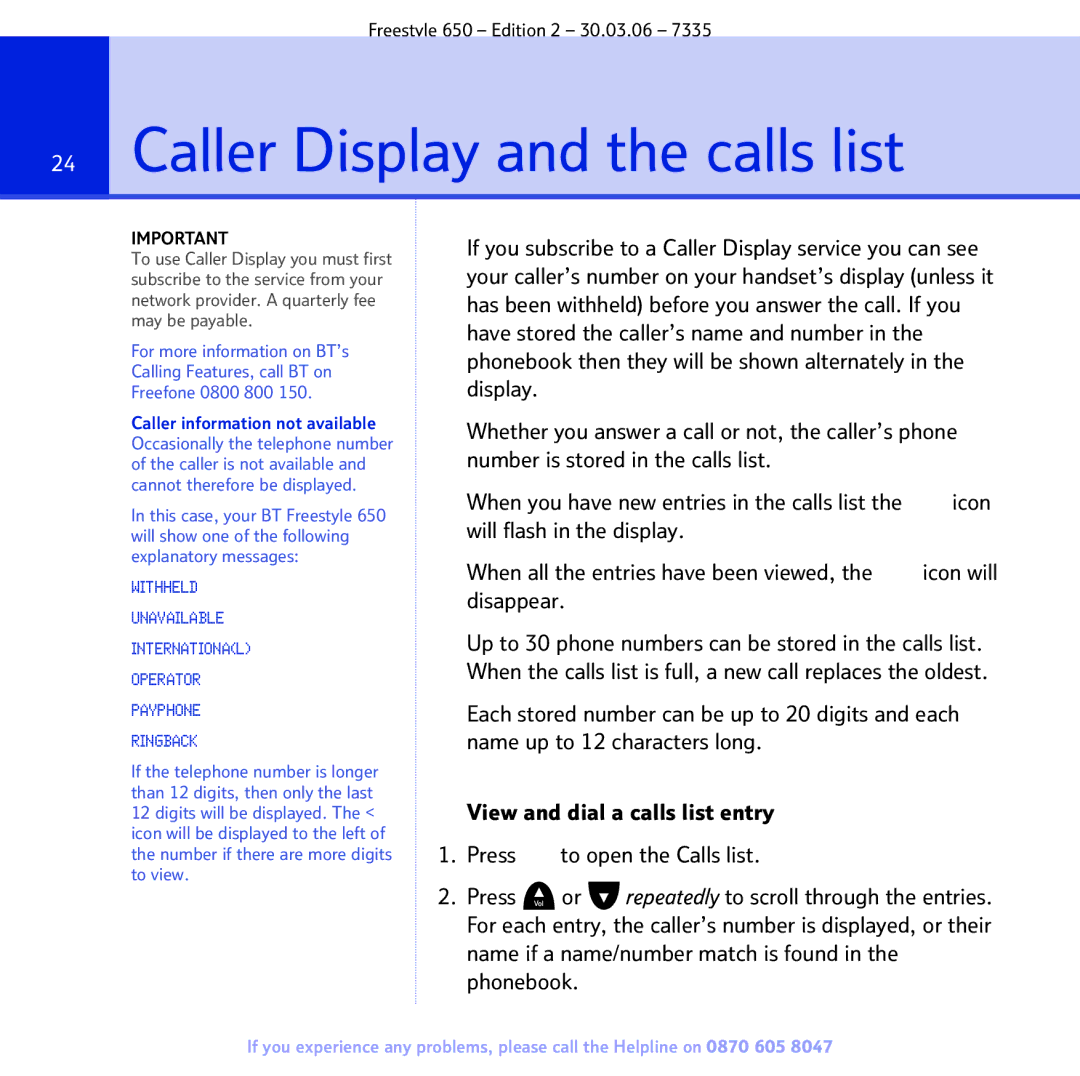 BT 650 manual Caller Display and the calls list 