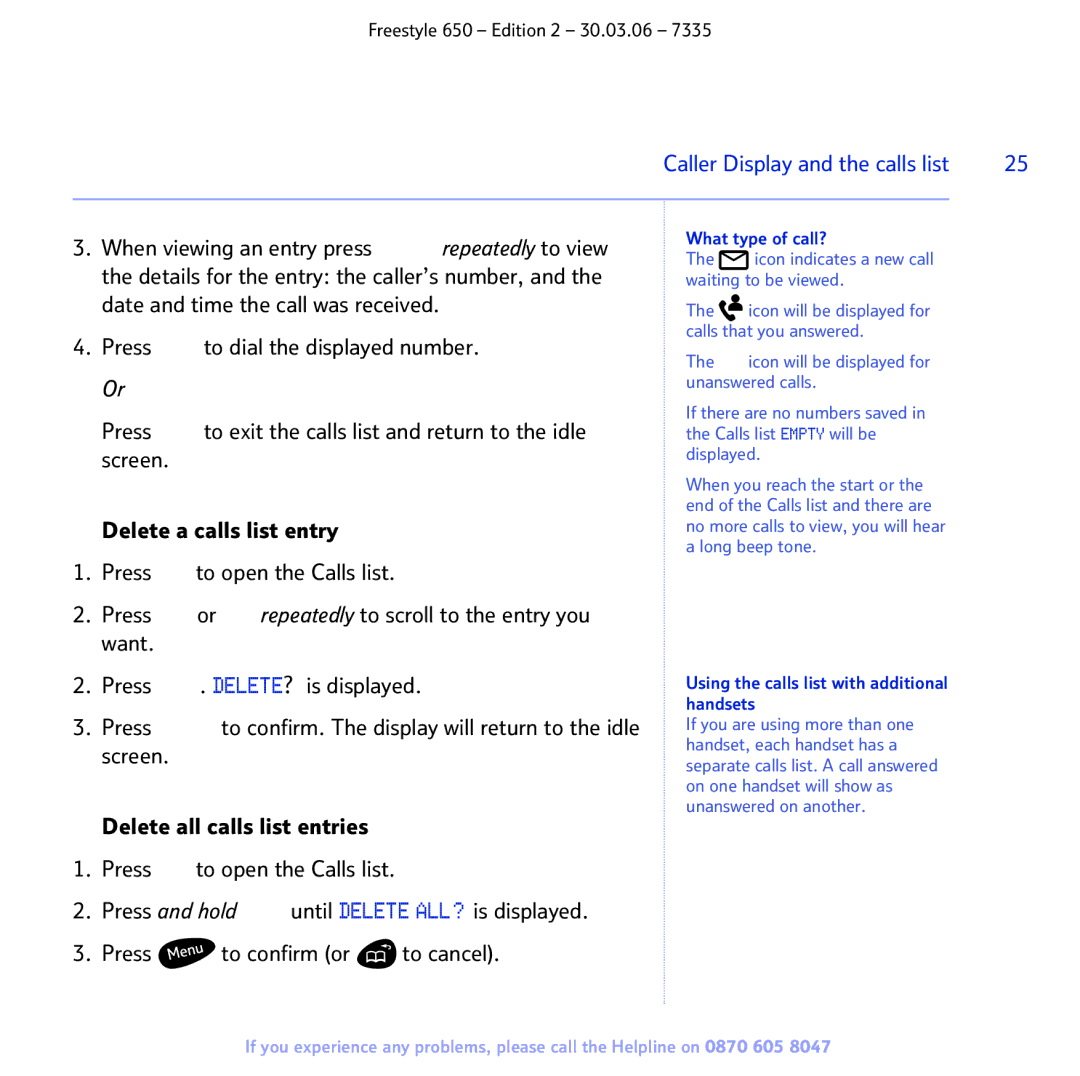 BT 650 manual What type of call?, Using the calls list with additional handsets 