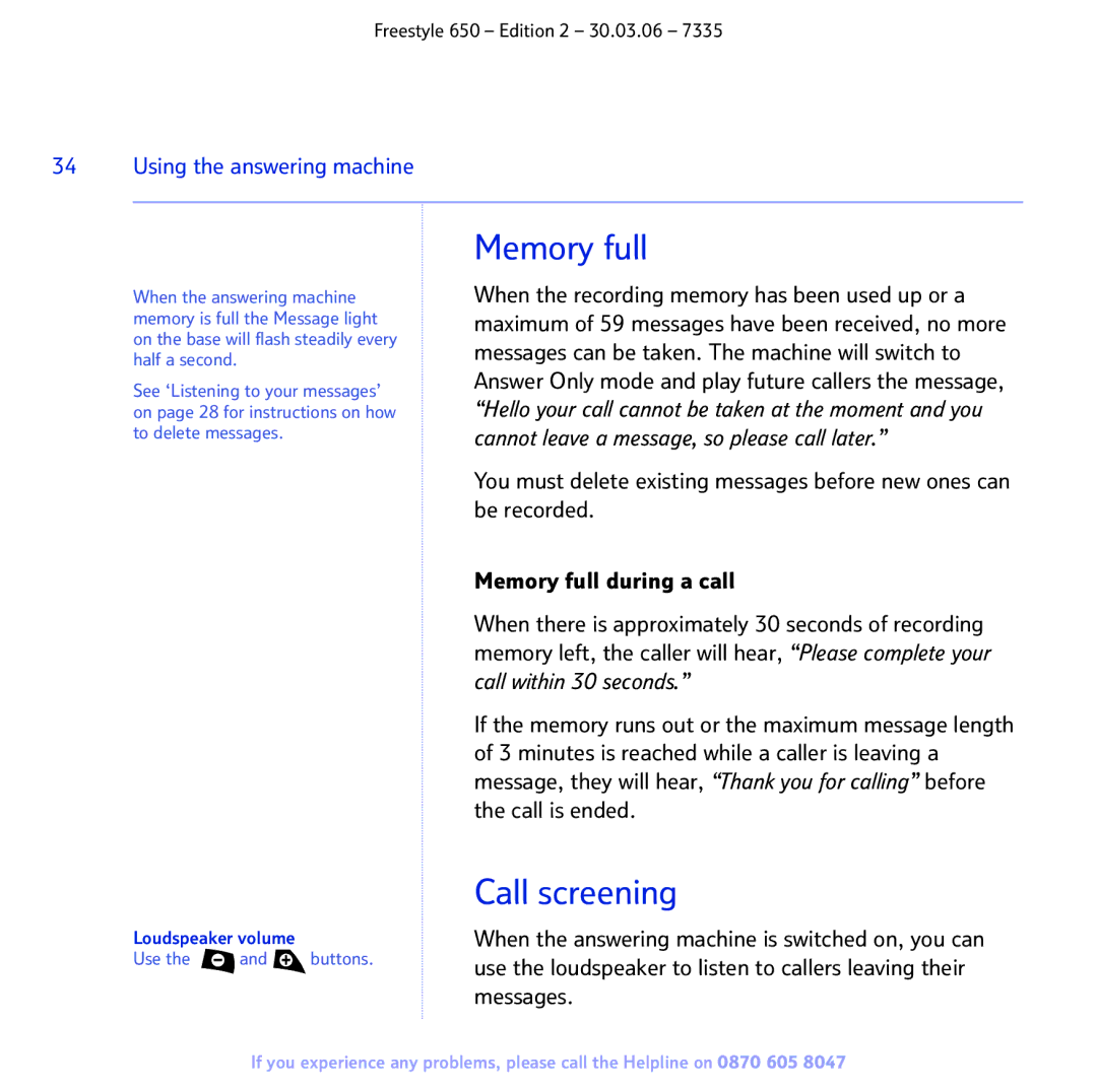 BT 650 manual Memory full, Call screening, Loudspeaker volume 