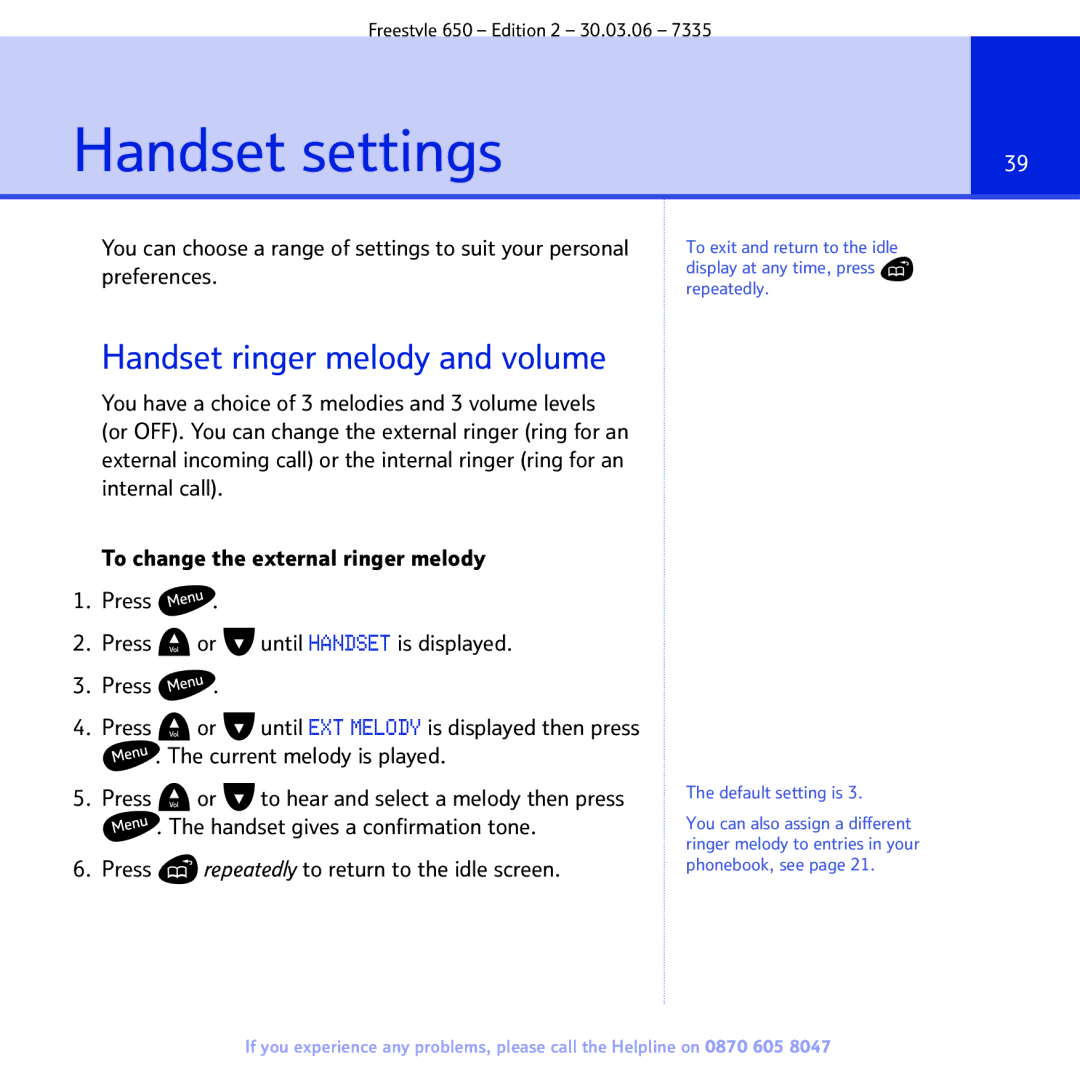 BT 650 manual Handset settings, Handset ringer melody and volume, Current melody is played 