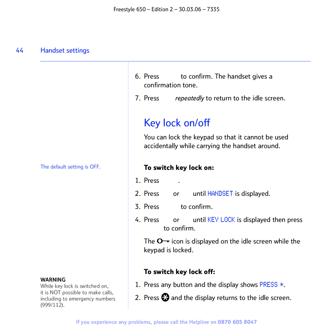 BT 650 manual Key lock on/off, Default setting is OFF 