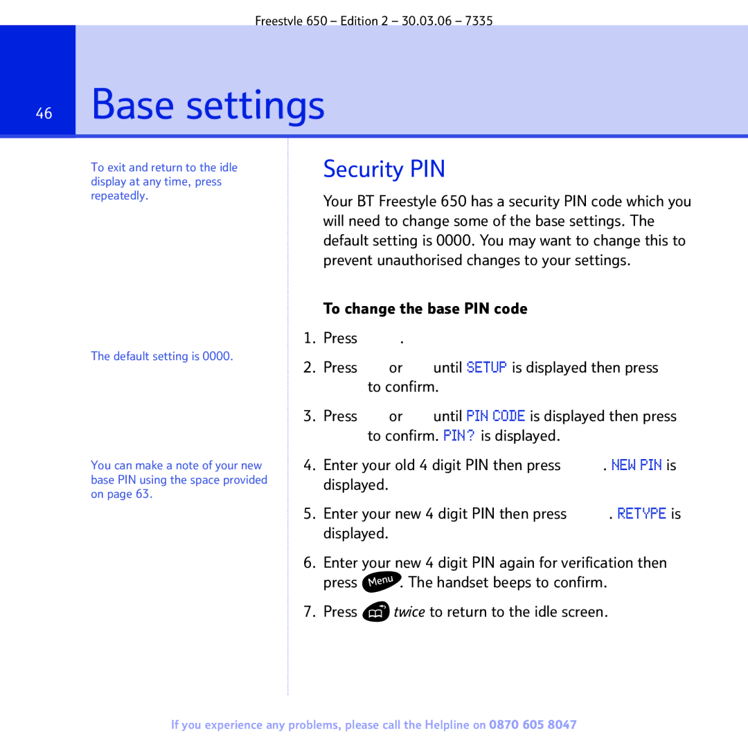 BT 650 manual Base settings, Security PIN 